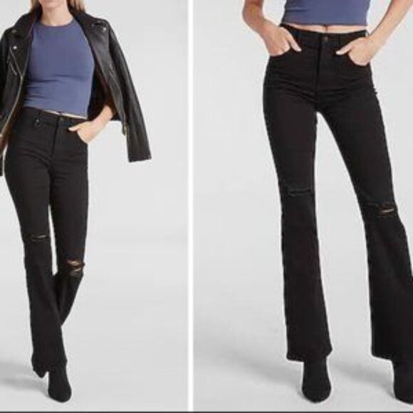 Express Womens Black Distressed Boot Cut High Rise Denim Jeans Size 2 Short - Picture 1 of 7
